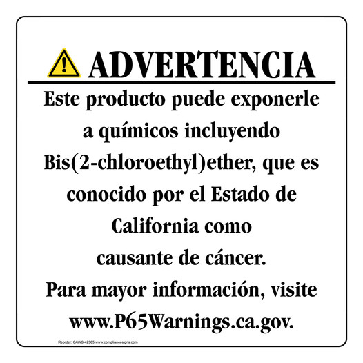 Spanish California Prop 65 Consumer Product Warning Sign CAWS-42365