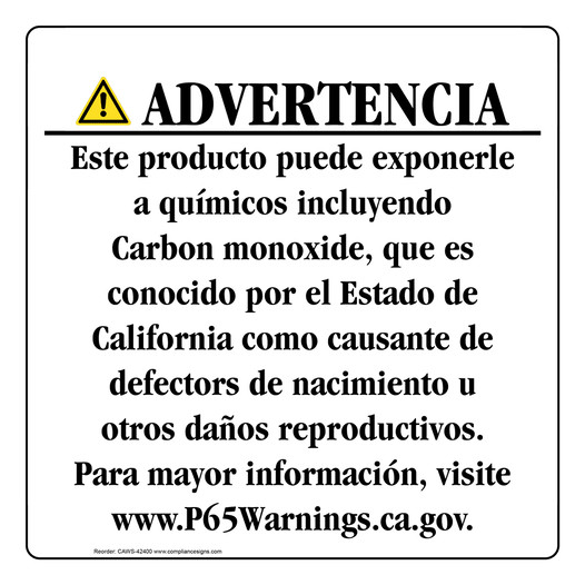 Spanish California Prop 65 Consumer Product Warning Sign CAWS-42400
