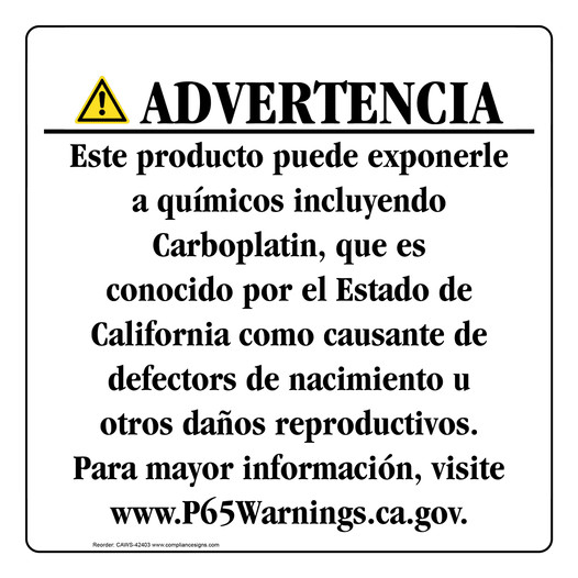 Spanish California Prop 65 Consumer Product Warning Sign CAWS-42403
