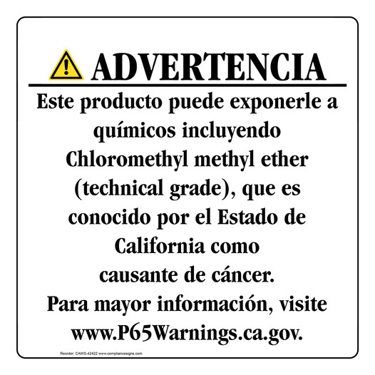 Spanish California Prop 65 Consumer Product Warning Sign CAWS-42422