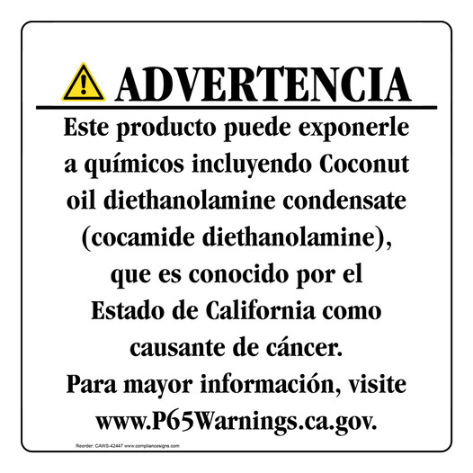 Spanish California Prop 65 Consumer Product Warning Sign CAWS-42447