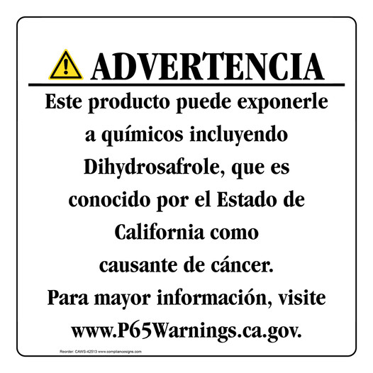 Spanish California Prop 65 Consumer Product Warning Sign CAWS-42513