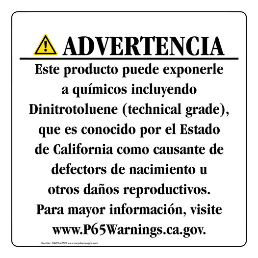 Spanish California Prop 65 Consumer Product Warning Sign CAWS-42523