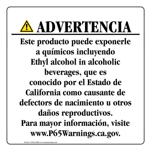 Spanish California Prop 65 Consumer Product Warning Sign CAWS-42560