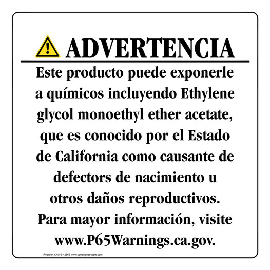 Spanish California Prop 65 Consumer Product Warning Sign CAWS-42569