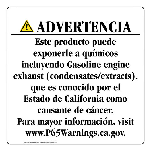 Spanish California Prop 65 Consumer Product Warning Sign CAWS-42602