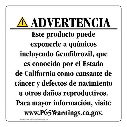 Spanish California Prop 65 Consumer Product Warning Sign CAWS-42603
