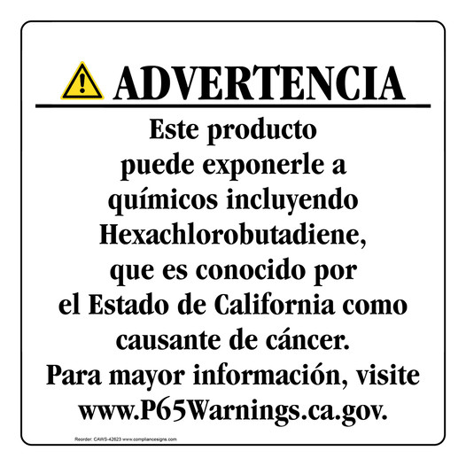 Spanish California Prop 65 Consumer Product Warning Sign CAWS-42623