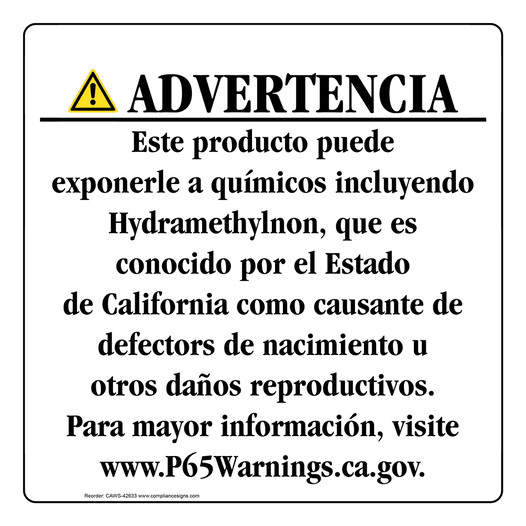 Spanish California Prop 65 Consumer Product Warning Sign CAWS-42633
