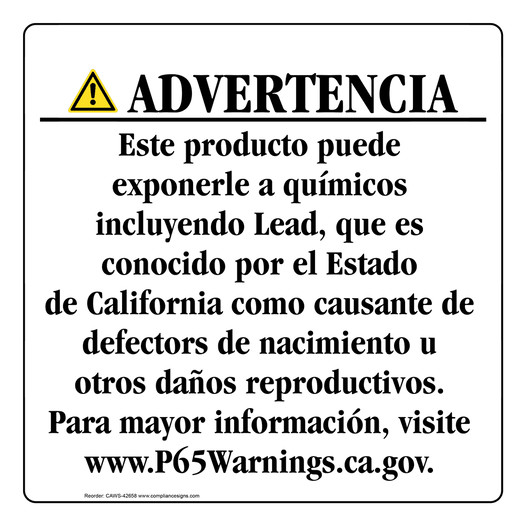 Spanish California Prop 65 Consumer Product Warning Sign CAWS-42658