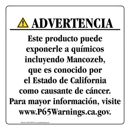 Spanish California Prop 65 Consumer Product Warning Sign CAWS-42676