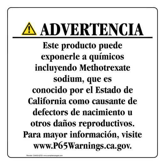 Spanish California Prop 65 Consumer Product Warning Sign CAWS-42701