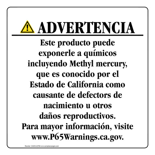 Spanish California Prop 65 Consumer Product Warning Sign CAWS-42709