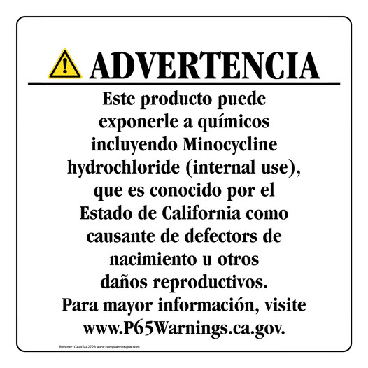 Spanish California Prop 65 Consumer Product Warning Sign CAWS-42723