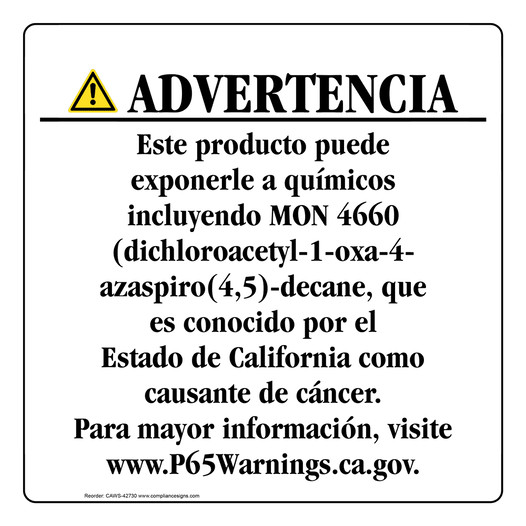Spanish California Prop 65 Consumer Product Warning Sign CAWS-42730