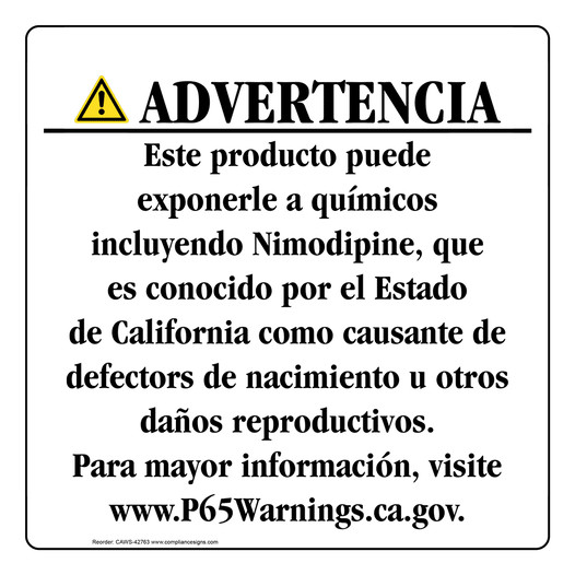 Spanish California Prop 65 Consumer Product Warning Sign CAWS-42763