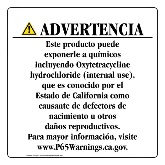 Spanish California Prop 65 Consumer Product Warning Sign CAWS-42839