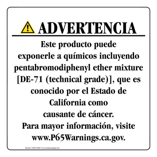 Spanish California Prop 65 Consumer Product Warning Sign CAWS-42857