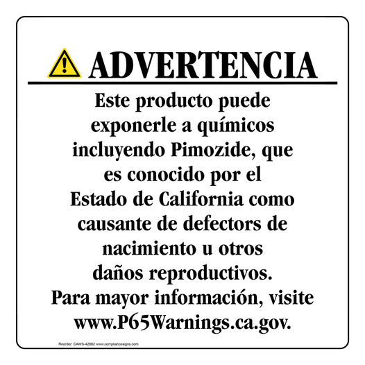 Spanish California Prop 65 Consumer Product Warning Sign CAWS-42882