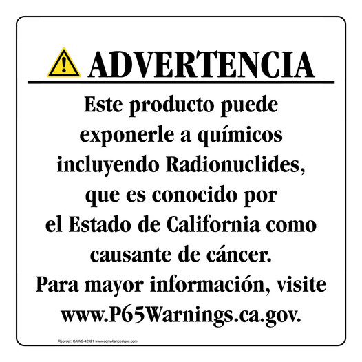 Spanish California Prop 65 Consumer Product Warning Sign CAWS-42921