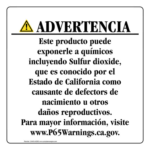 Spanish California Prop 65 Consumer Product Warning Sign CAWS-42953