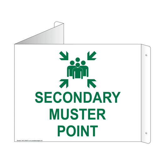 White Triangle-Mount SECONDARY MUSTER POINT Sign With Symbol NHE-25648Tri