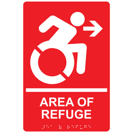 Red Braille AREA OF REFUGE Right Sign with Dynamic Accessibility Symbol RRE-14760R_White_on_Red