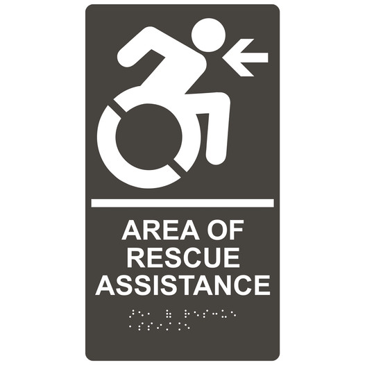 Charcoal Gray Braille AREA OF RESCUE ASSISTANCE Left Sign with Dynamic Accessibility Symbol RRE-14765R_White_on_CharcoalGray