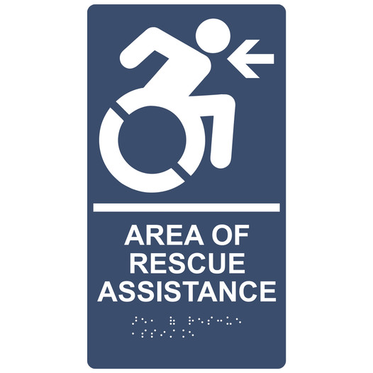 Navy Braille AREA OF RESCUE ASSISTANCE Left Sign with Dynamic Accessibility Symbol RRE-14765R_White_on_Navy
