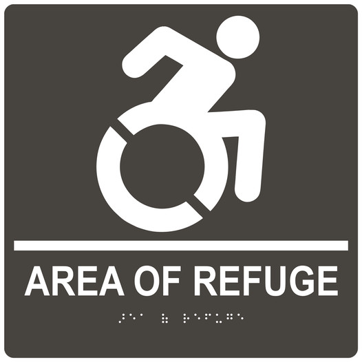Square Charcoal Gray Braille AREA OF REFUGE Sign with Dynamic Accessibility Symbol RRE-910R-99_White_on_CharcoalGray