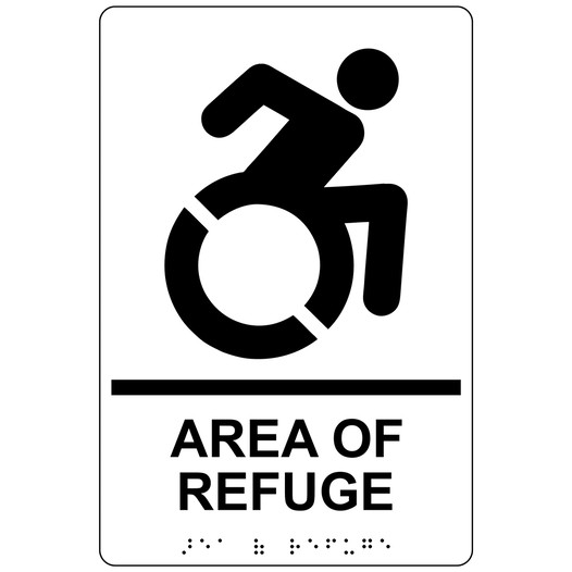 White Braille AREA OF REFUGE Sign with Dynamic Accessibility Symbol RRE-910R_Black_on_White