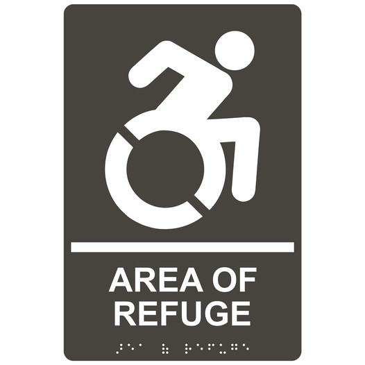 Charcoal Gray Braille AREA OF REFUGE Sign with Dynamic Accessibility Symbol RRE-910R_White_on_CharcoalGray