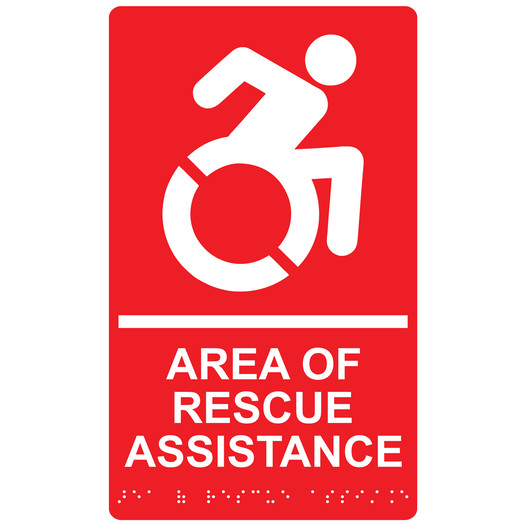Red Braille AREA OF RESCUE ASSISTANCE Sign with Dynamic Accessibility Symbol RRE-915R_White_on_Red