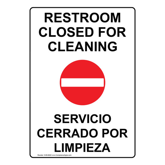 English + Spanish Vertical Sign - Restroom Closed For Cleaning Sign