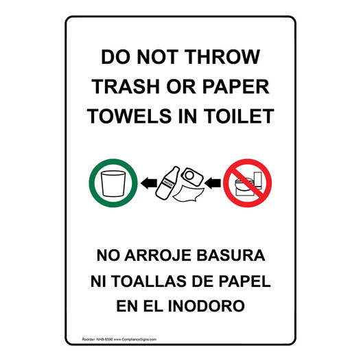 Do Not Throw Trash Or Paper Towels In Toilet Bilingual Sign NHB-8590