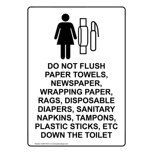 Portrait Do Not Flush Paper Towels, Sign With Symbol NHEP-37431
