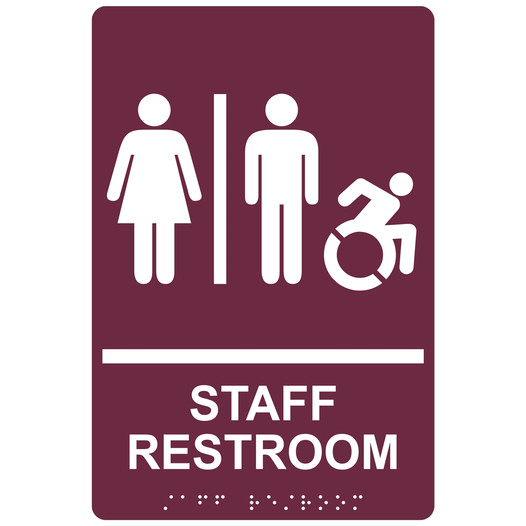 Burgundy Braille STAFF RESTROOM Sign with Dynamic Accessibility Symbol RRE-14834R_White_on_Burgundy