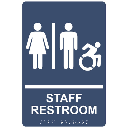 Navy Braille STAFF RESTROOM Sign with Dynamic Accessibility Symbol RRE-14834R_White_on_Navy