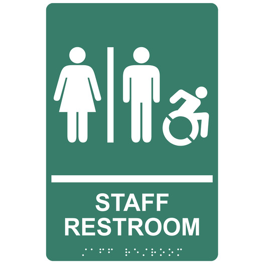 Pine Green Braille STAFF RESTROOM Sign with Dynamic Accessibility Symbol RRE-14834R_White_on_PineGreen