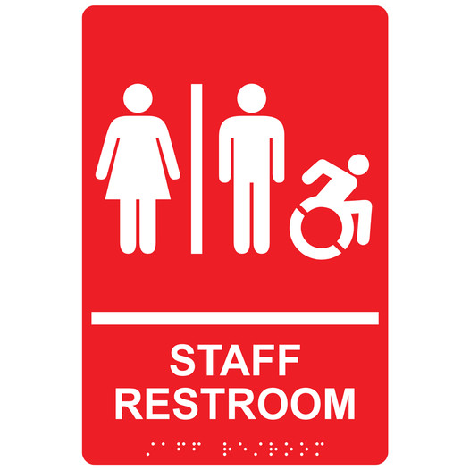 Red Braille STAFF RESTROOM Sign with Dynamic Accessibility Symbol RRE-14834R_White_on_Red