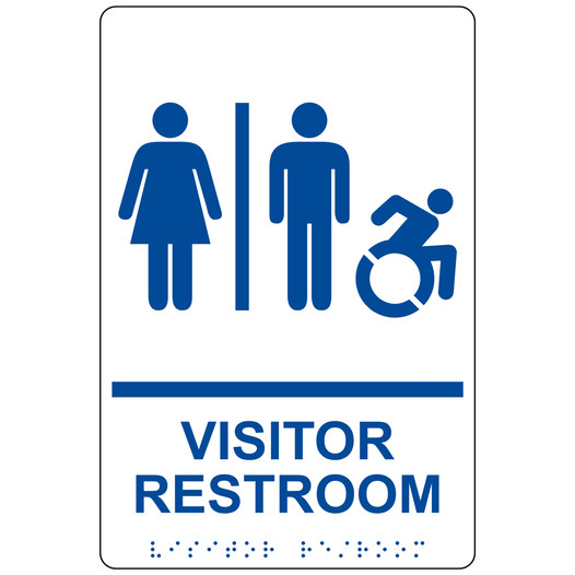 White Braille VISITOR RESTROOM Sign with Dynamic Accessibility Symbol RRE-14853R_Blue_on_White
