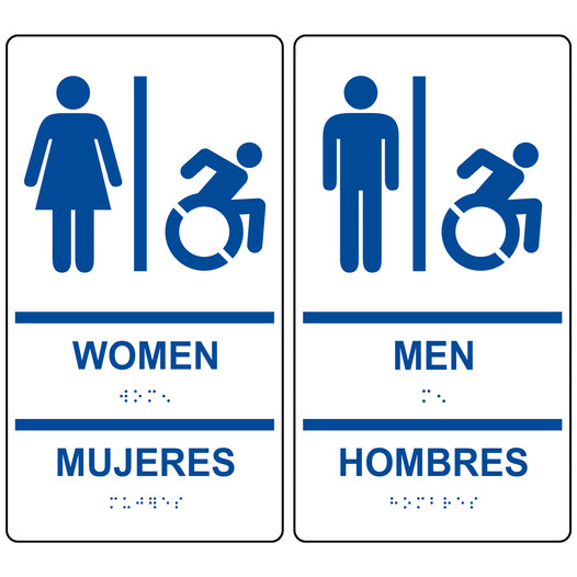 White Braille WOMEN MUJERES + MEN HOMBRES Sign Set with Dynamic Accessibility Symbol RRB-130_150PairedSetR_Blue_on_White