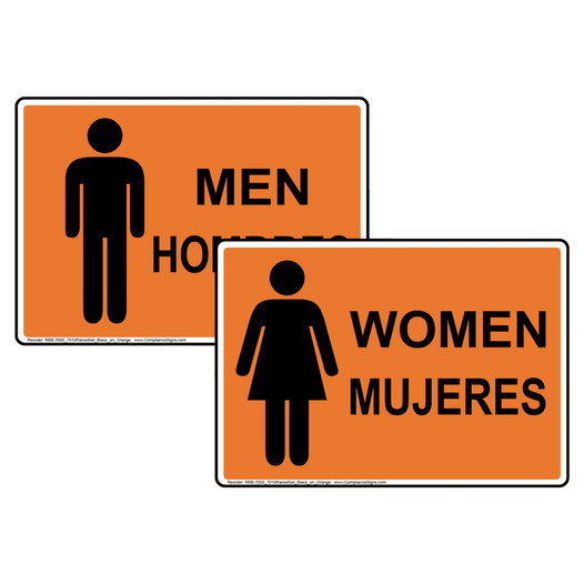 Orange MEN HOMBRES + WOMEN MUJERES Sign Set With Symbols RRB-7000_7010PairedSet_Black_on_Orange