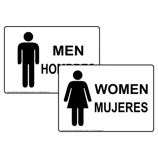 White MEN HOMBRES + WOMEN MUJERES Sign Set With Symbols RRB-7000_7010PairedSet_Black_on_White