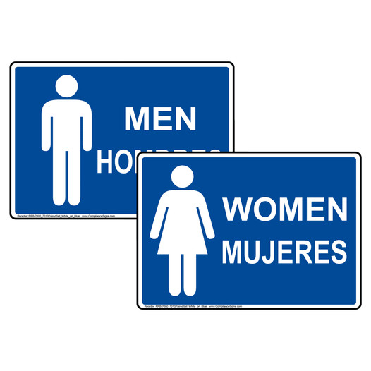Blue MEN HOMBRES + WOMEN MUJERES Sign Set With Symbols RRB-7000_7010PairedSet_White_on_Blue
