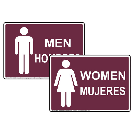 Burgundy MEN HOMBRES + WOMEN MUJERES Sign Set With Symbols RRB-7000_7010PairedSet_White_on_Burgundy