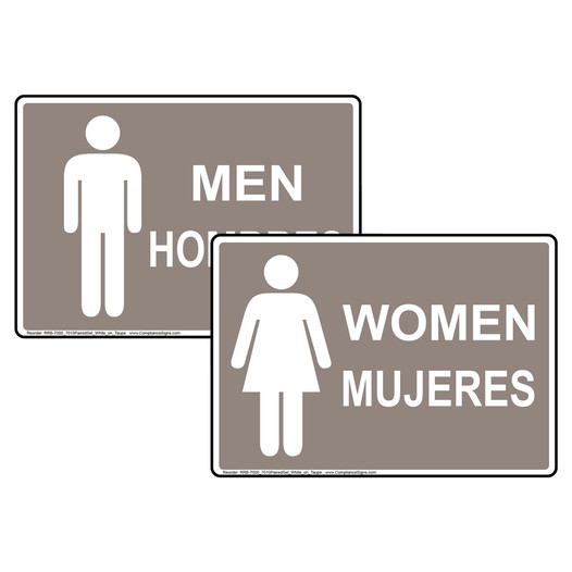 Taupe MEN HOMBRES + WOMEN MUJERES Sign Set With Symbols RRB-7000_7010PairedSet_White_on_Taupe