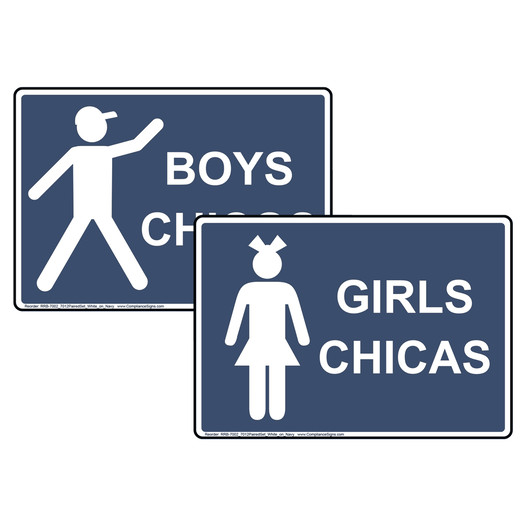 Navy GIRLS CHICAS + BOYS CHICOS Sign Set With Symbols RRB-7002_7012PairedSet_White_on_Navy