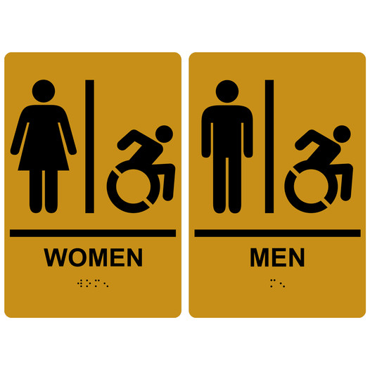 Gold Braille WOMEN - MEN Sign Set with Dynamic Accessibility Symbol RRE-130_150PairedSetR_Black_on_Gold