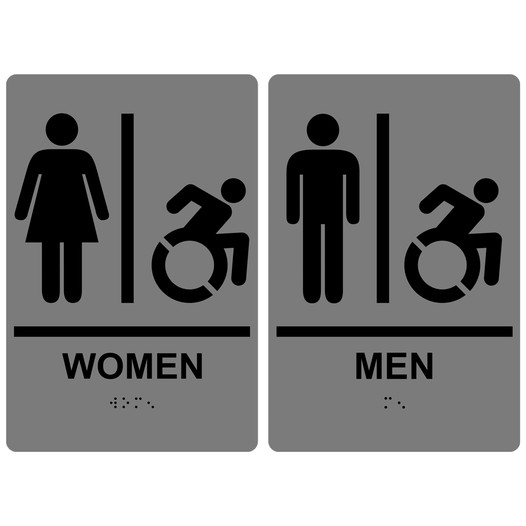 Gray Braille WOMEN - MEN Sign Set with Dynamic Accessibility Symbol RRE-130_150PairedSetR_Black_on_Gray